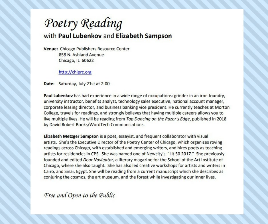 ChiPRC's tweet photo. POETRY READING This Saturday 2pm @CHIPRC w/ local poets Paul Lubenkov, and Elizabeth Sampson (of @poetrycenter)! #poetry #CHIPRC https://t.co/xQ5ROzTZur