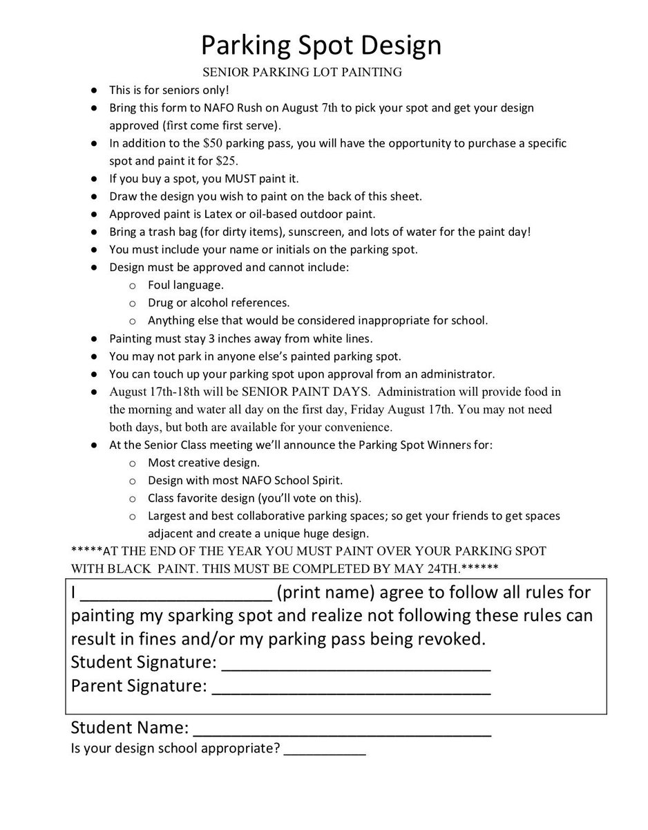 nfhs_official's tweet photo. SENIOR PARKING LOT UPDATE!! Here is the updated 2018-2019 Senior Parking Lot contract. Bring this form to rush with your money on August 7th from 9-11:30. This form was also included on an email that was sent out to the senior class. https://t.co/88C6VguqFY