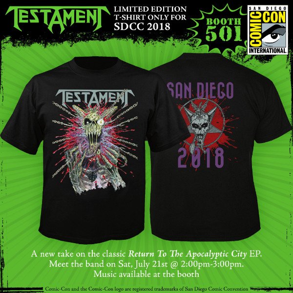 jsrdirect's tweet photo. What other cool stuff is going on @Comic_Con ? @testament have an EXCLUSIVE T-Shirt available ONLY at the @nuclearblastusa @sternpinballinc booth #501! You can also MEET THE BAND - they are signing at Booth #501 on Thurs @ 2pm! 🤘🤘🤘#sdcc #sdcc2018 #sdccexclusive #jsrdirect https://t.co/gMwubZir9D