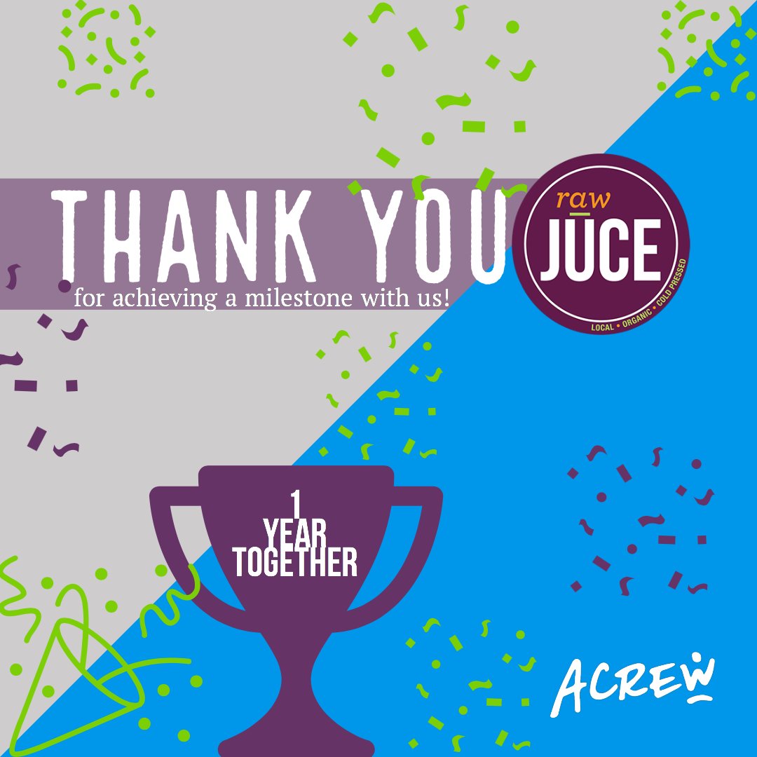 Celebrating 1 year with <a href="/Rawjuce/">RawJuce</a>! We appreciate the opportunity to reach a milestone with you! #rawjuce #joinacrew #acrew