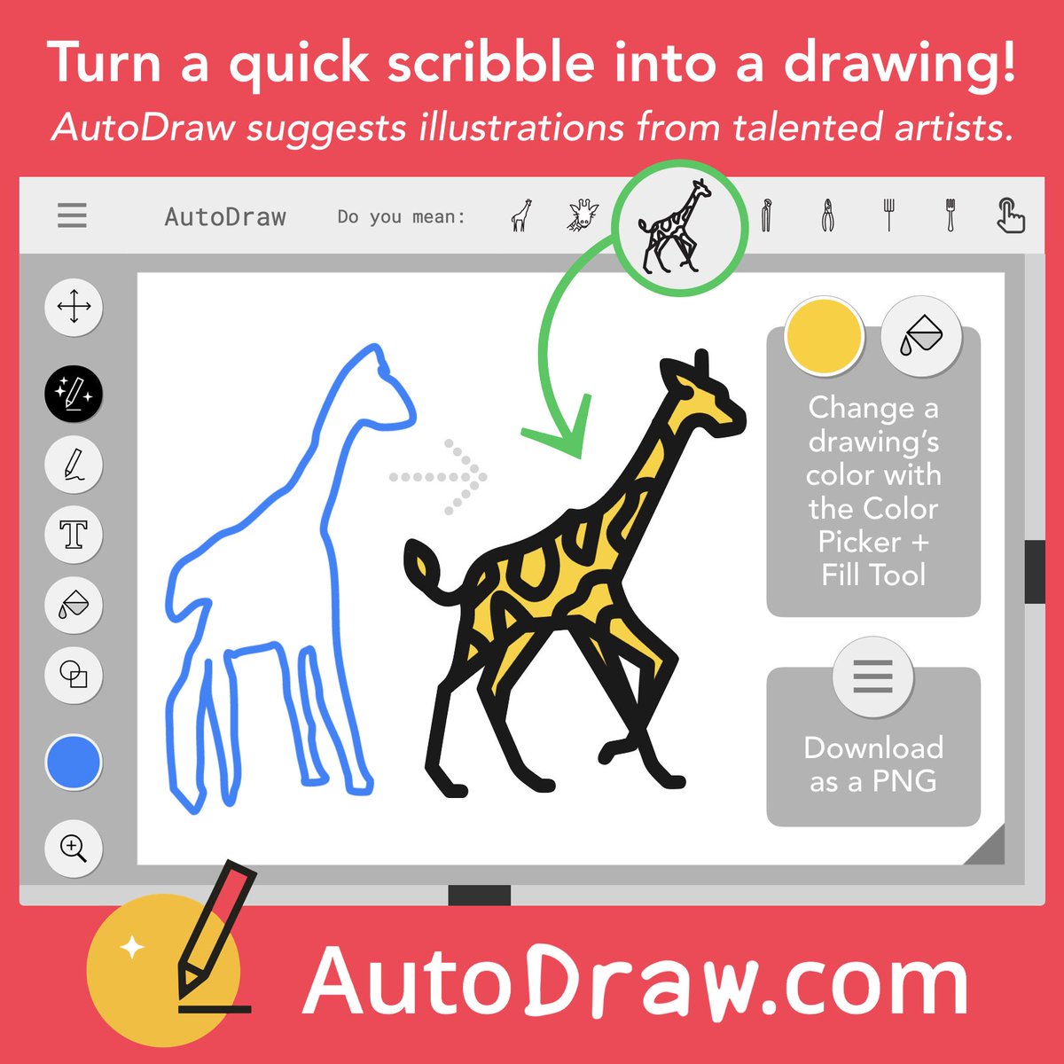 tonyvincent's tweet photo. 🆒 Instantly turn a doodle into an illustration with Google's AutoDraw! It's a webapp that works on mobile and desktop.
https://t.co/0TS3gYfPI3 https://t.co/wlnlwcN2z7