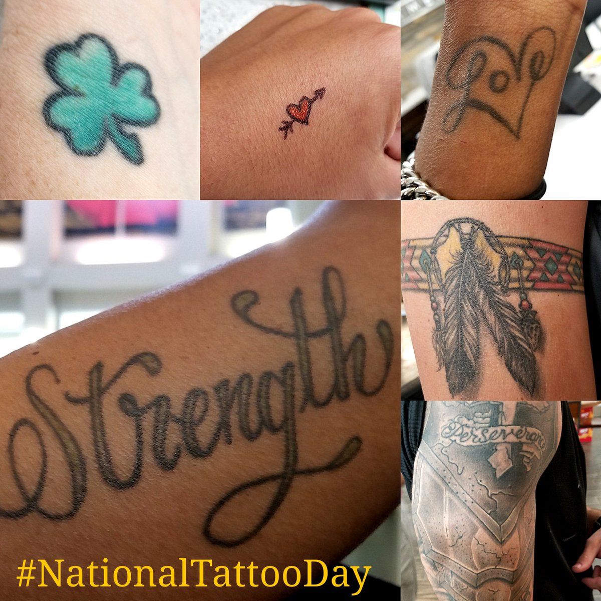 LUX13Apartments's tweet photo. Happy #NationalTattooDay ... which  one of these tatts is not real? You wouldn't be able to guess which tattoos go with which of our team members :) https://t.co/TvuDxMzDqx