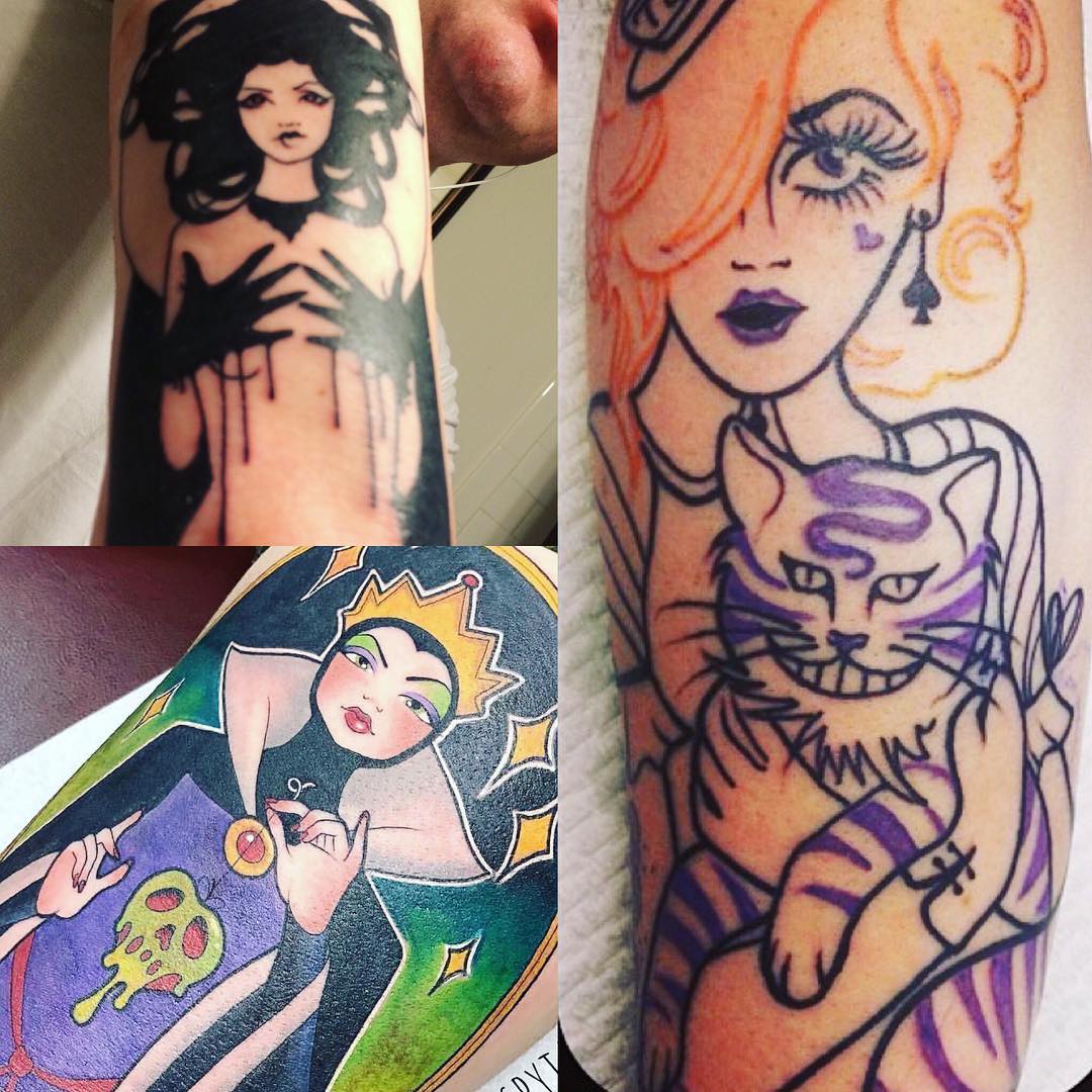MissLeilaniJoy's tweet photo. It's #NationalTattooDay Here’s a few of my favorite fan inks of my work! 😱 To me, there is no greater compliment than a tattoo! No permissions required! My only request is a photo of the finished work! Happy inking! #tattoos #leilanijoy #evilqueen #alicetattoo https://t.co/ylbjBmpZix