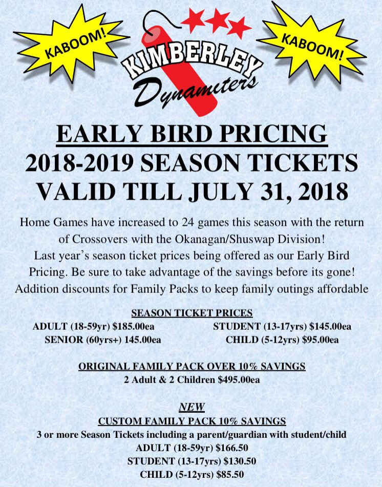 nitroshockey's tweet image. Get your 2018/2019 Season Tickets at the Early Bird pricing!! Season ticket forms at Sprout Grocery in Kimberley, Timber Hitch in Marysville and Emco in Cranbrook. Early Bird Pricing till July 31!