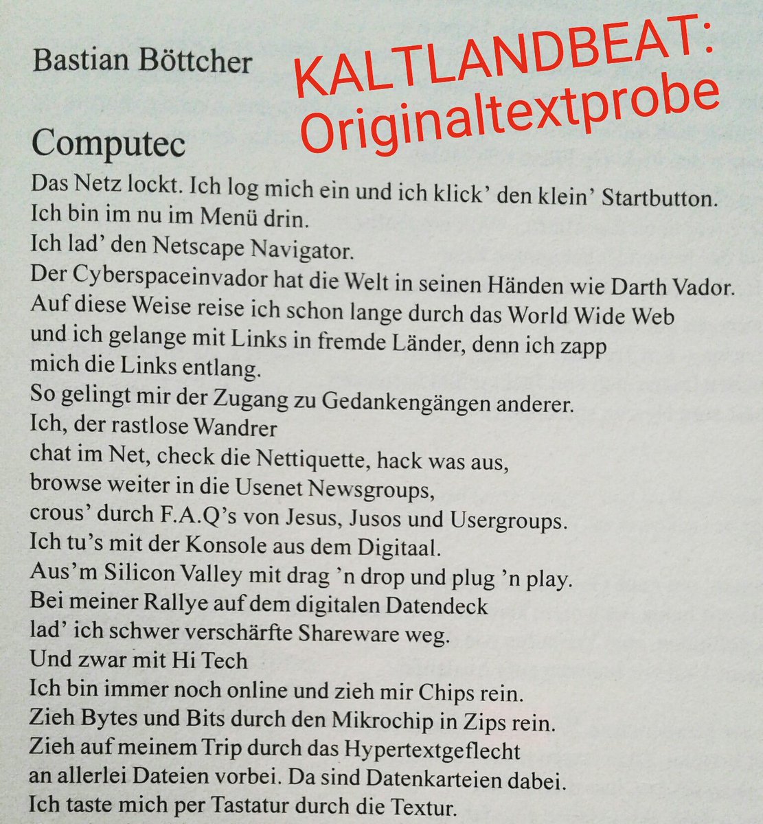KaltlandBeat's tweet photo. KALTLAND BEAT vereint 90er-Poeten 🚀 wie z.B. Harald @sackziegler Dr. @EnnoStahl @DuckersTanja Jan Off stan lafleur &amp; HEL @MatzeHagedorn Tom de Toys @POPPOESIE Björn Kuhligk @MarcDegens Jörg André Dahlmeyer @nomadensport Bas Böttcher Ulrich Jösting @ThorstenNesch Kersten Flenter https://t.co/S3aGofbZWF