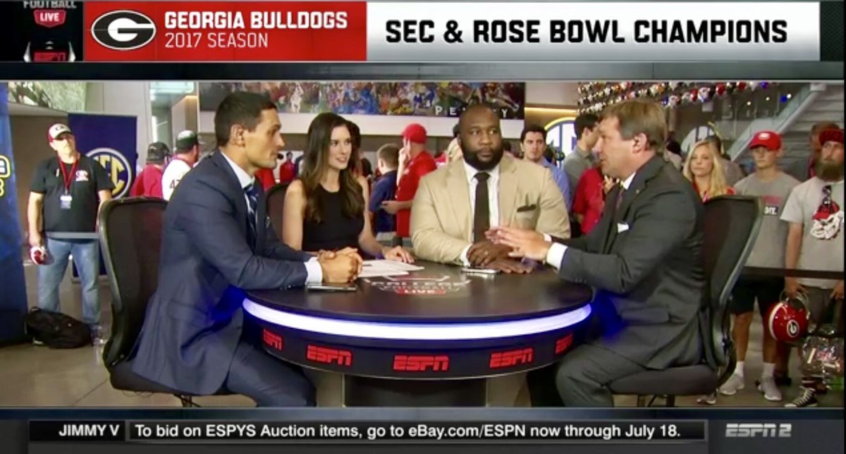 JenLada's tweet photo. CFB Live coming to you from #SECKickoff in Atlanta right now on ESPN2. @davidpollack47 @mspears96 @KirbySmartUGA https://t.co/qc8flZzHhq