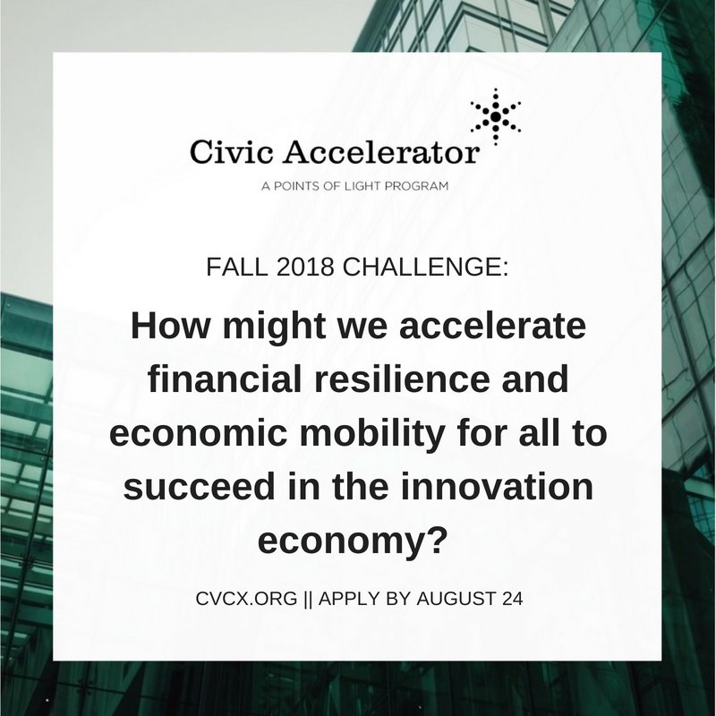 Hey innovators! The <a href="/civicacceleratr/">Civic Accelerator</a> is looking for for-profit and nonprofit ventures addressing #fininclusion and #economicmobility. Learn more and apply by Aug. 24: bit.ly/civicxfall18 #socent #CivicX #fintech #girltank