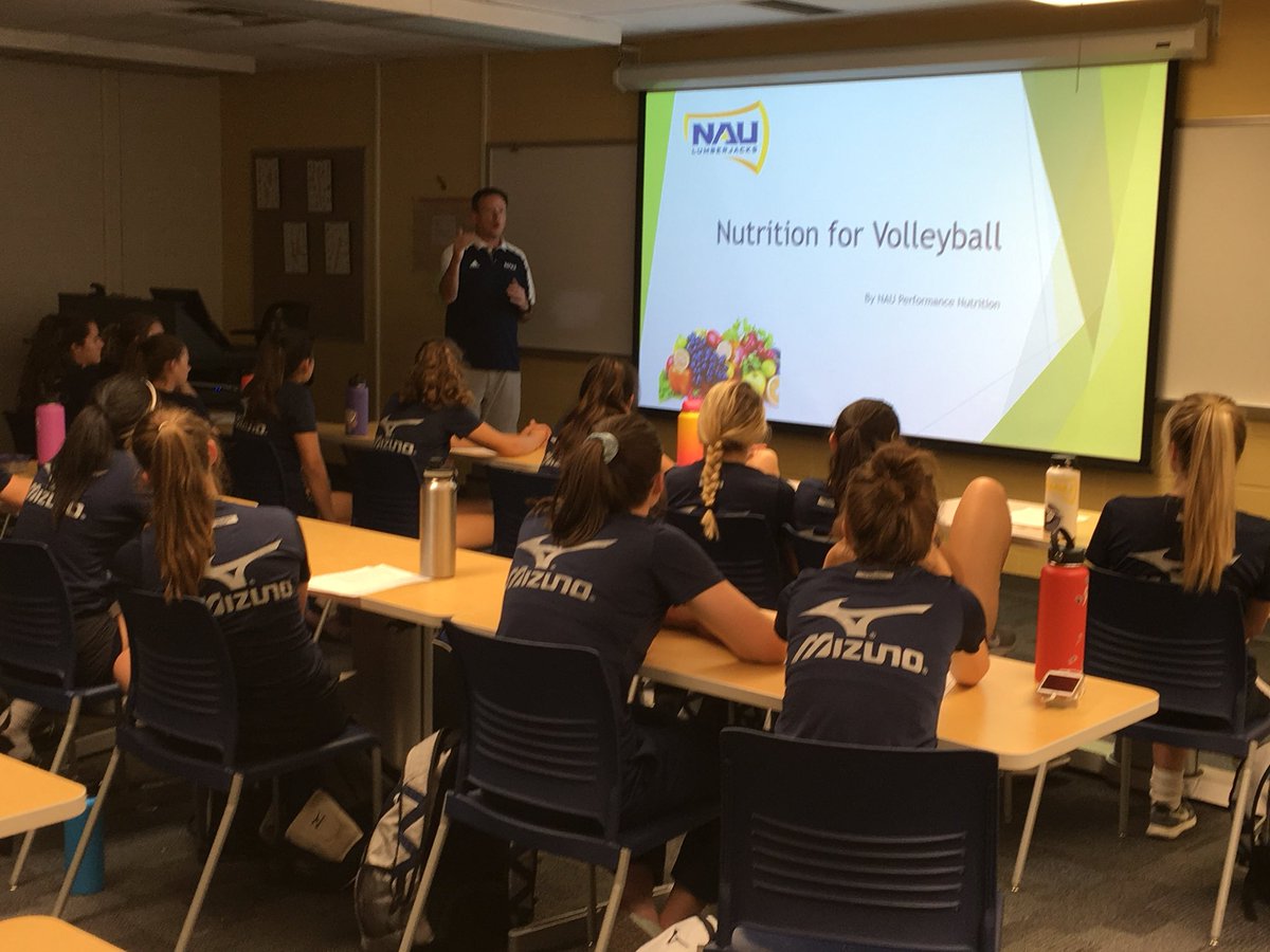 nighthawkvb's tweet photo. IRVB at the NAU Team Camp; players attending the Nutrition for Volleyball session with Head Coach Murphy. #IRVB2018 #OffSeason #TotalPlayer https://t.co/UaTTrQbdTN