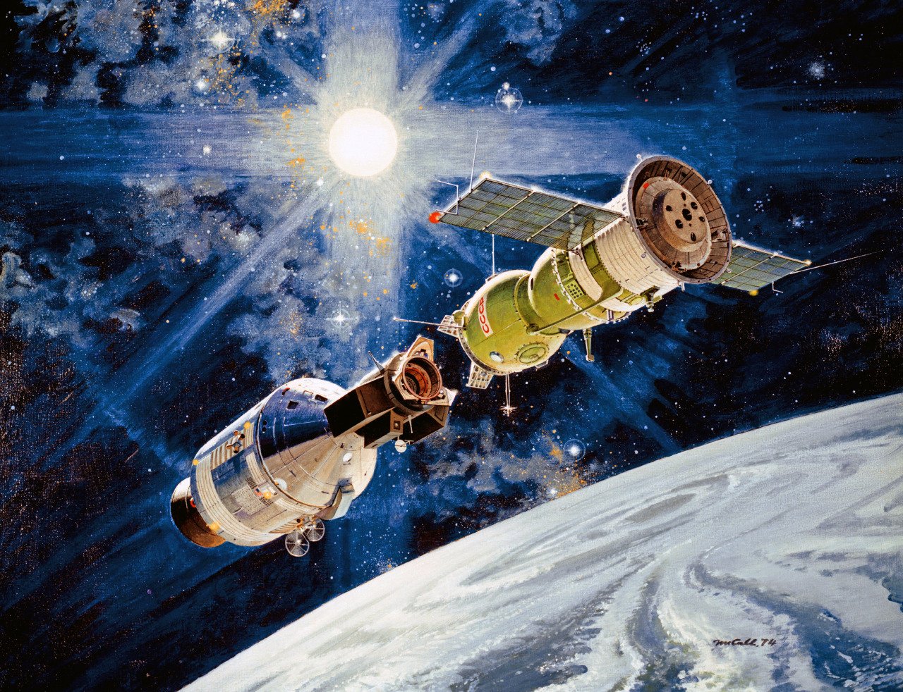 Humanoid History on X: "July 17, 1975: Americans and Soviets meet up in #space during the Apollo-Soyuz mission. Illustrations by Robert McCall, Andrei Sokolov, Paul Fjeld, and cosmonaut Alexei Leonov, who was