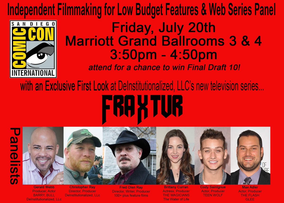 deinstitutional's tweet photo. JUST ADDED: @Comic_Con attendees will see an EXCLUSIVE preview of our new television series @FraXturTV ! Cast members @BrittanyCurran @CodySaintgnue @Mr_Max_Adler will join @tikiterrors, @geraldWebb &amp; Fred Olen Ray on the panel! https://t.co/cSZMW8pIUN
