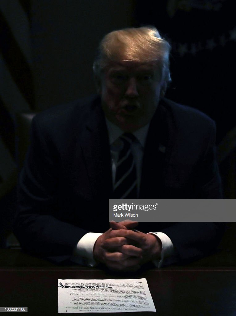 The lights temporally go out in the Cabinet Room as U.S. President Donald Trump talks about his meeting with Russian President Vladimir Putin, during a meeting with House Republicans at the White House on July 17, 2018 in Washington, DC.