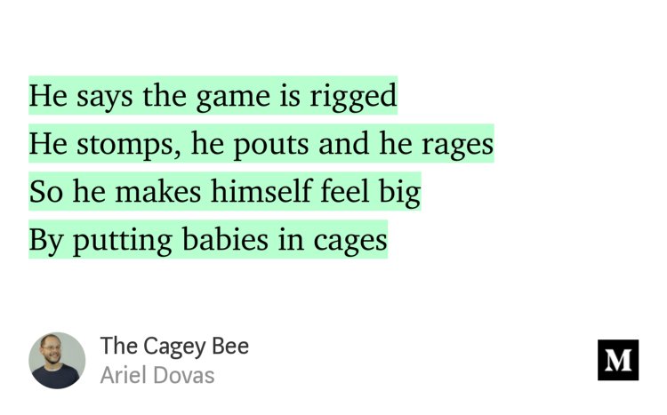 “He says the game is riggedHe stomps, he pouts and he ragesSo he makes himself feel bigBy putting babies in cages” from “The Cagey Bee” by Ariel Dovas.