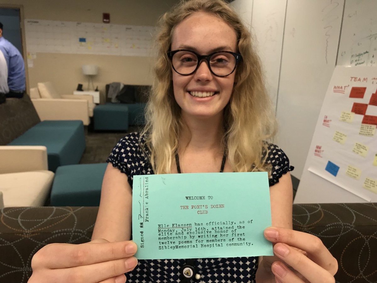 SibleyHub's tweet photo. The Poets In Residence program is officially live at Sibley Memorial Hospital! We've talked with and written for staff on oncology, surgery, and emergency units, plus patients. Yesterday PIR intern @ElleKlassen earned her #poetsdozenclub membership. #powerofmoments #joyinmedicine https://t.co/4vzyNMOyet