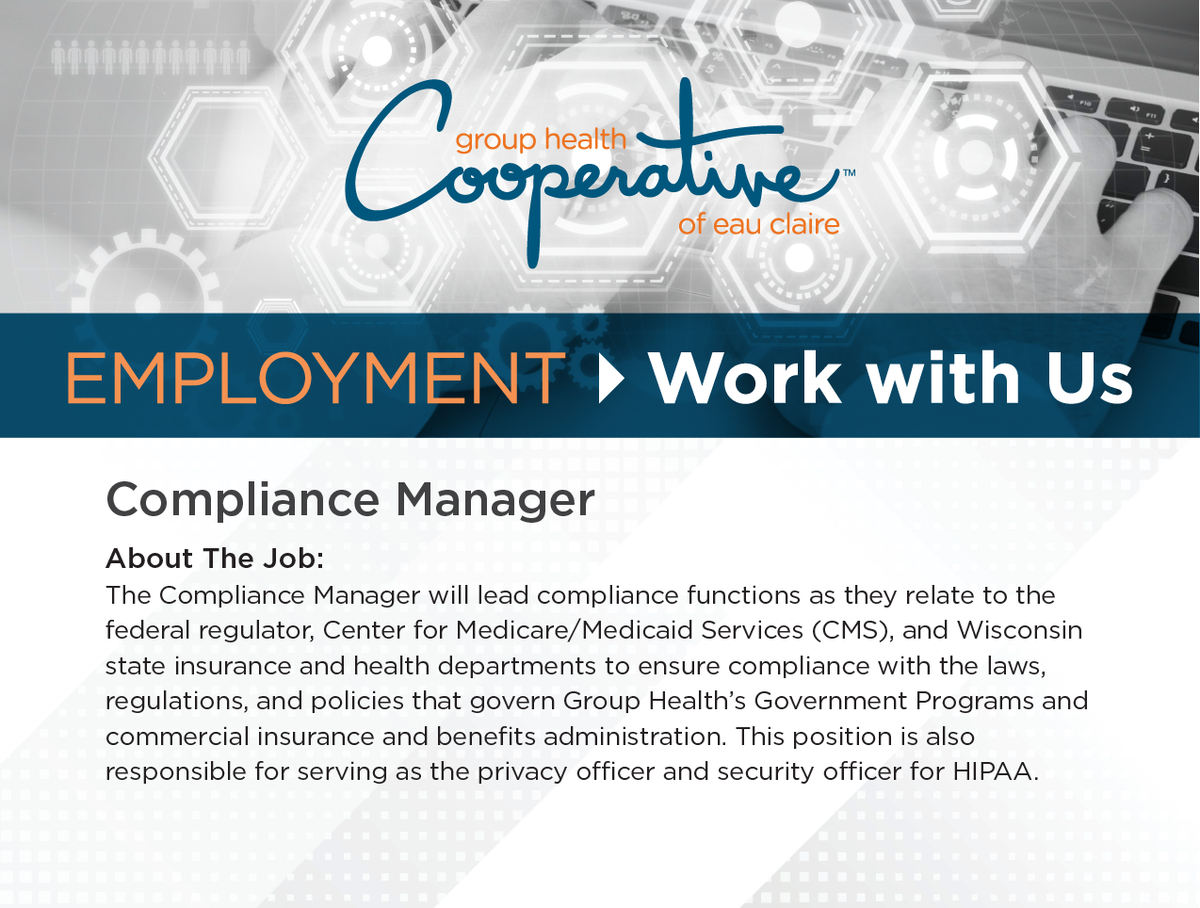 GHCooperativeEC's tweet photo. We're looking for a hard-working Compliance Manager to fill a key role in our organization! See this link for more information: https://t.co/gQyq6yw0pa 

To apply, email your resume and any other relevant materials to resumes@group-health.com. https://t.co/ONJXUejUtJ