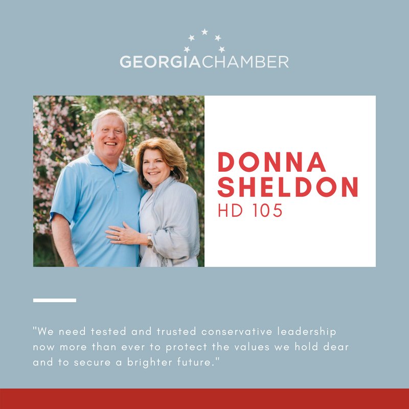 GAChamber's tweet image. Taking advantage of #EarlyVoting in the Primary Election Runoffs? If you live in State House District 105, be sure to vote for Chamber-endorsed candidate Donna Sheldon for State House! #gapol #BestForBiz #GAChamberEndorsed
