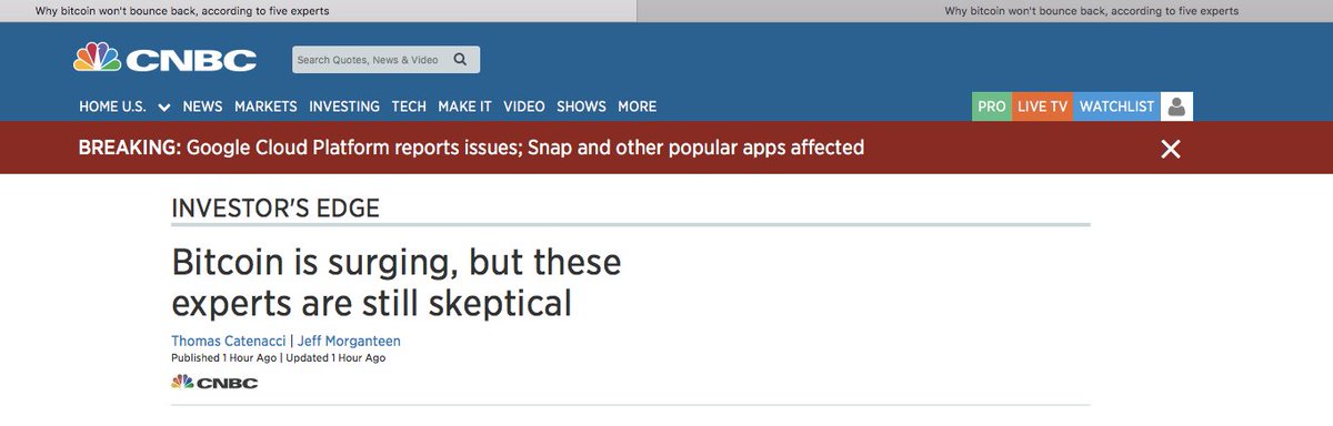 When CNBC posts an article titled "Why bitcoin won't bounce back, according to five experts" and then bitcoin starts to bounce back so 1 hour later they change the title to "Bitcoin is surging, but these experts are still skeptical"