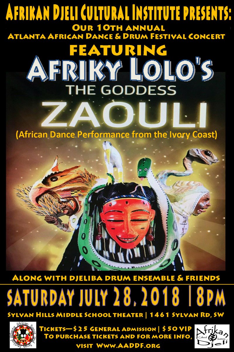 AtlDanceDrum's tweet photo. Atlanta African Dance & Drum Festival 2018 is next weekend! Come dance, drum, shop, experience! July 27-29 Youssouf Koumbassa, Djeneba Sako, Eric Gore, Malang Bayo , Babacar Mbaye & More. Concert with Afriky Lolo https://t.co/uOjyVSSyaX #aaddf https://t.co/KwlcpL2M1k
