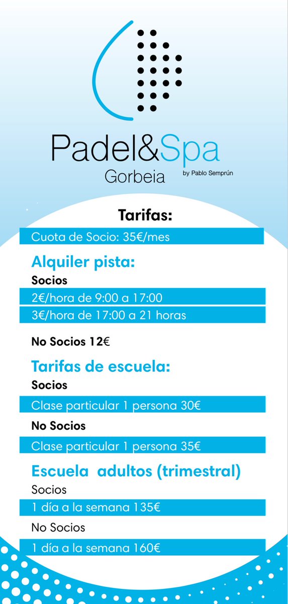 gorbeiapadelspa's tweet photo. Oferta de apertura del club. Pasa socios de @PadelPistaNorte una cuota mensual de 15€. Para el resto, pagando las 4 primeras cuotas, una pala valorada en 135€ de regalo!! https://t.co/CvJh5CQ2vg