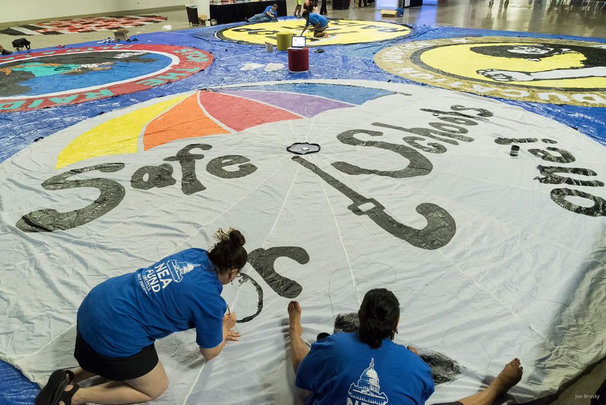 JosephBrusky's tweet photo. Christine Robbins, Eppie Grffn, and Kenny Chin paint parachutes at the 2018 Conference on Racial and Social Justice in Minneapolis.
#EdJustice2018 #SafeSchools https://t.co/cpz4x3eeap