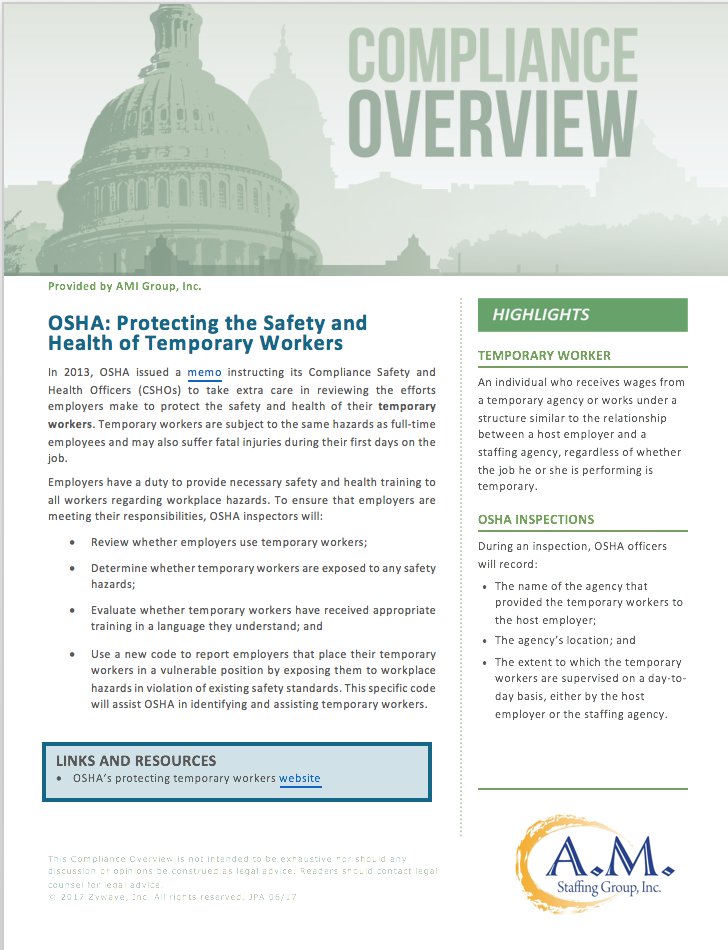 OSHA issued a memo instructing its Compliance Safety and Health Officers to take extra care in reviewing the efforts employers make to protect the safety and health of their temporary workers.  #TemporaryWorkers #Health #Safety #WeHaveYouCovered AMInsuranceGroup.com