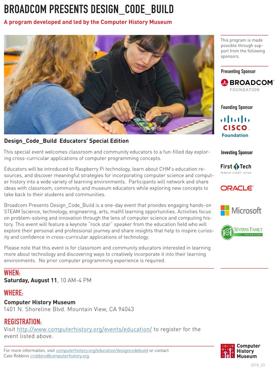 Cate_Robbins's tweet image. Calling #community &amp;amp; #classroom #educators! Be sure to join us for our #special #EducatorsEdition of #Design_Code_Build @ComputerHistory on 8/11! Register online bit.ly/2L4HwPl! #RPi #Education #STEM #STEAM #collaboration #networking #creativity #handsonlearning
