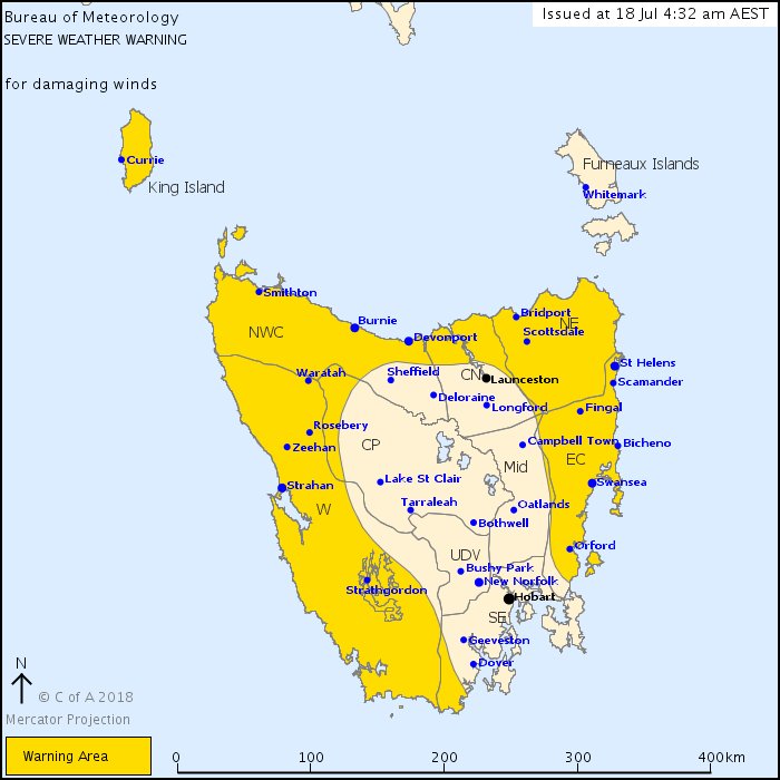 A Severe Weather Warning has been issued for parts of Western, Northern and Eastern #Tasmania warning of damaging wind gusts this afternoon and evening. Check out the warning at: bom.gov.au/tas/warnings/