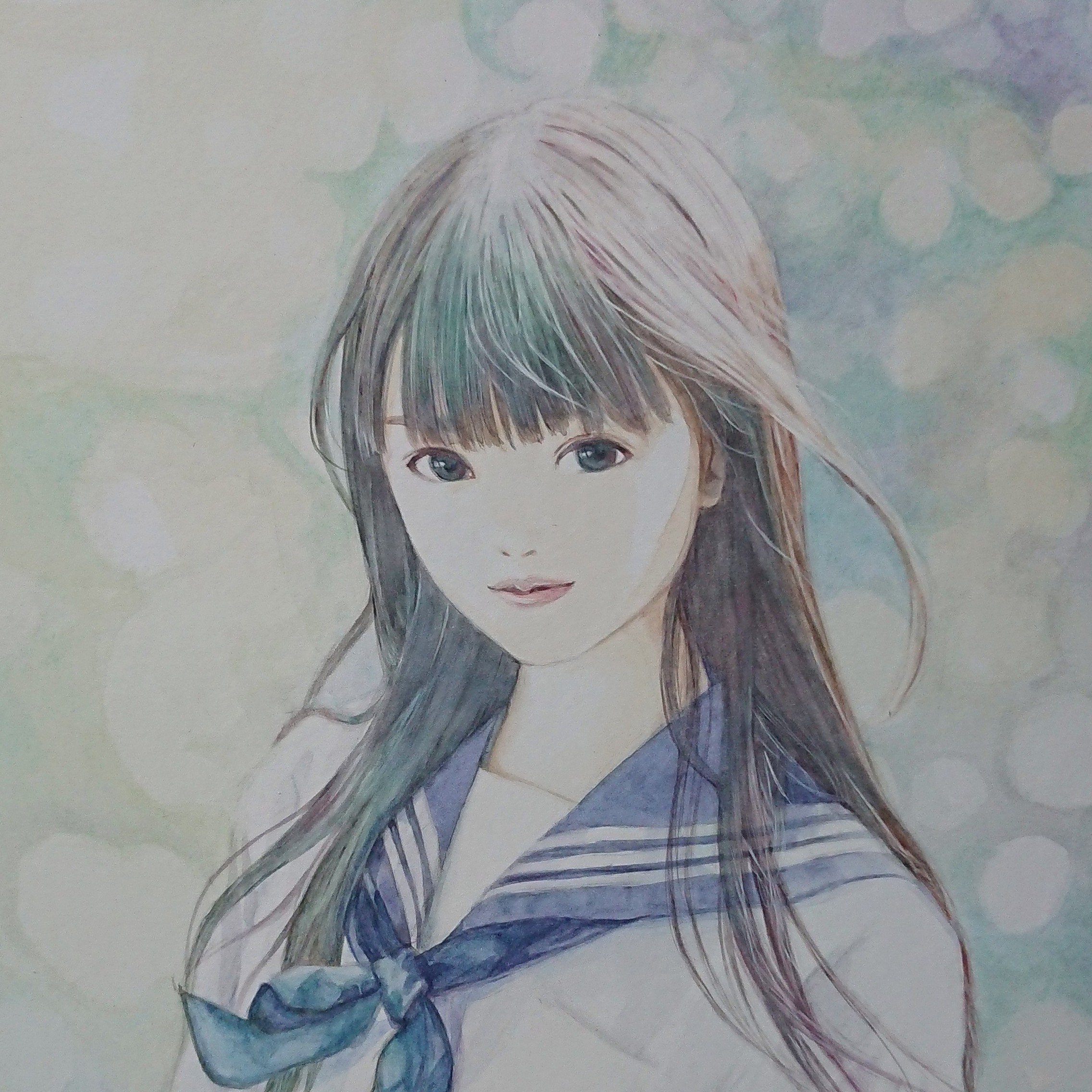 Idein 光の中で A3 画用紙 水彩絵の具 とりあえず完成しました 人物画 イラスト 手描き 水彩 少女 制服 木漏れ日 夏 セーラー服 漫画 Sailor Sketch Drawing Watercolor Art Girl Schoolgirl Illustration Comic Blackhair Sunlight