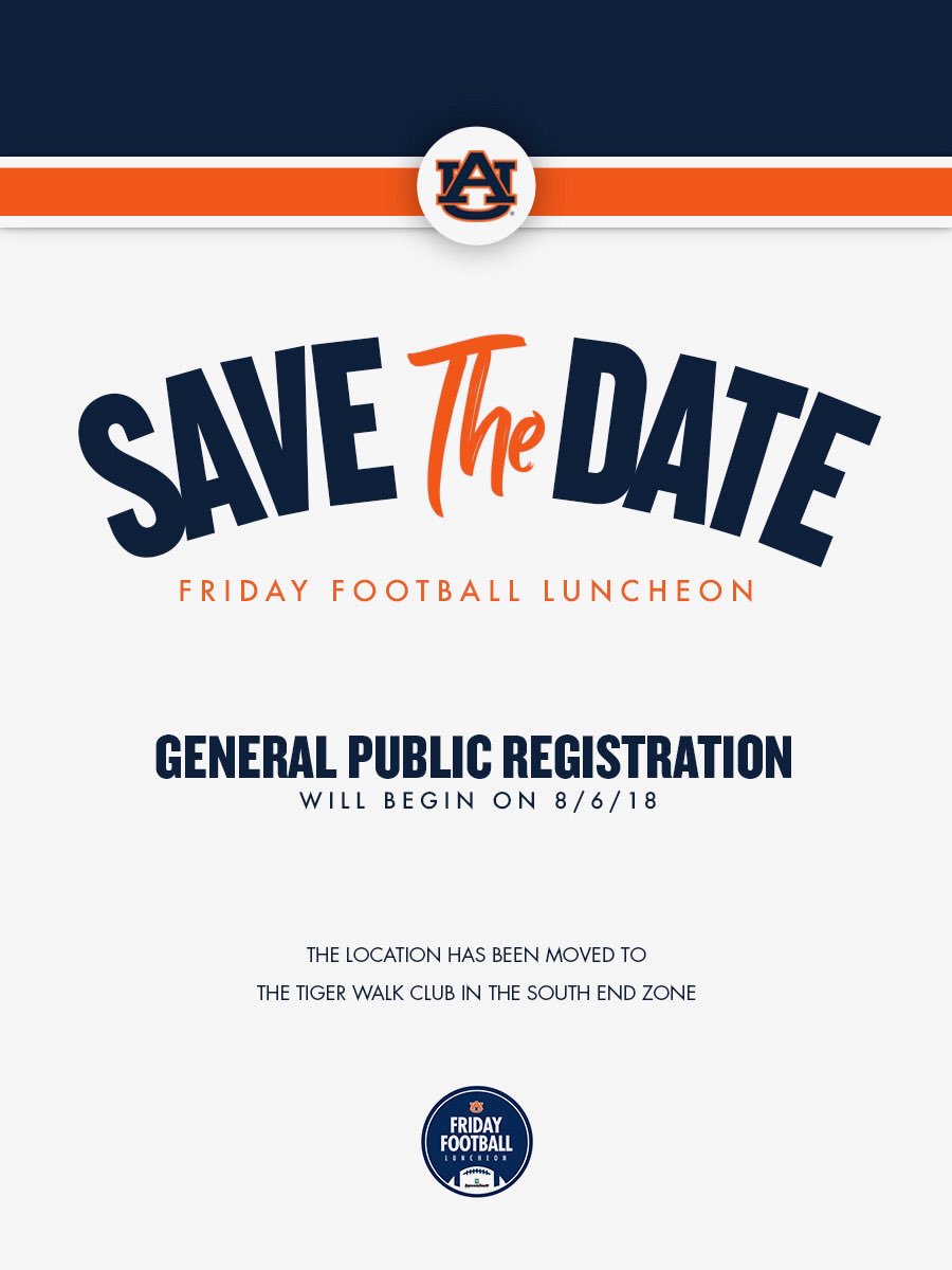 SAVE THE DATE! Friday Football Luncheons are back. Tickets will go one sale for the general public on August 6th! You won’t want to miss out on these incredible events. More information to follow on how to get your tickets. For questions, contact us at 334-844-8817. #wareagle