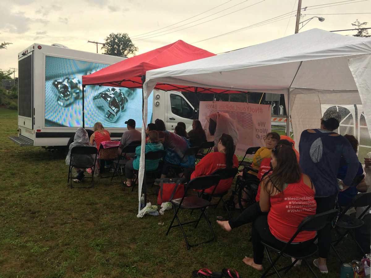 deviceproblems's tweet photo. Sneak preview screening of #TheBleedingEdge at the #BanEssure rally outside Bayer's headquarters. Coming to @Netflix July 27! https://t.co/xpiLv0HRyn