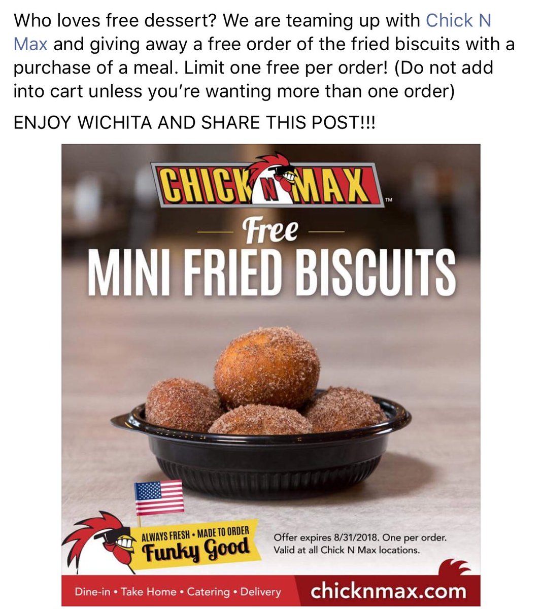 Free fried biscuits from <a href="/Chick_N_Max/">Chick N Max</a> when you order a meal via <a href="/Wichita2go/">Wichita2Go</a>