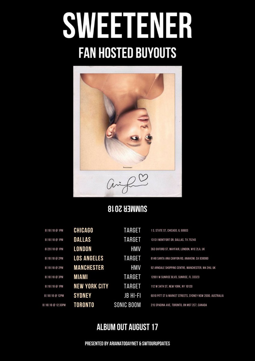 GrandeTourNews's tweet photo. 🚨 We are one month away from the release of #Sweetener! Check out all the dates and locations for the #SweetenerBuyouts we are hosting during release week! https://t.co/IbevJy0IqC