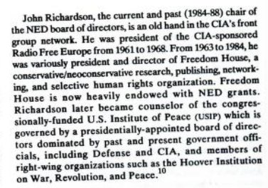 The first president of NED openly bragged that they do what the CIA did '25 years ago', and there's a good bit of crossover in personell between the two agencies, including the two mentioned below