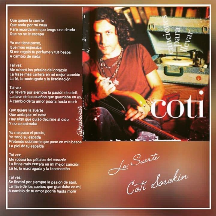 Maleviass's tweet photo. #LaSuerte #cancionesparallevar @CotiOficial #CotiSorokin #lyrics #Letras #perfume #besos #canciones #songs #pic #songwriters #music #singwriter #favoritesongs  #songwriter #musica  #music #canciones #singwriters #song https://t.co/qJQXE2gCN6