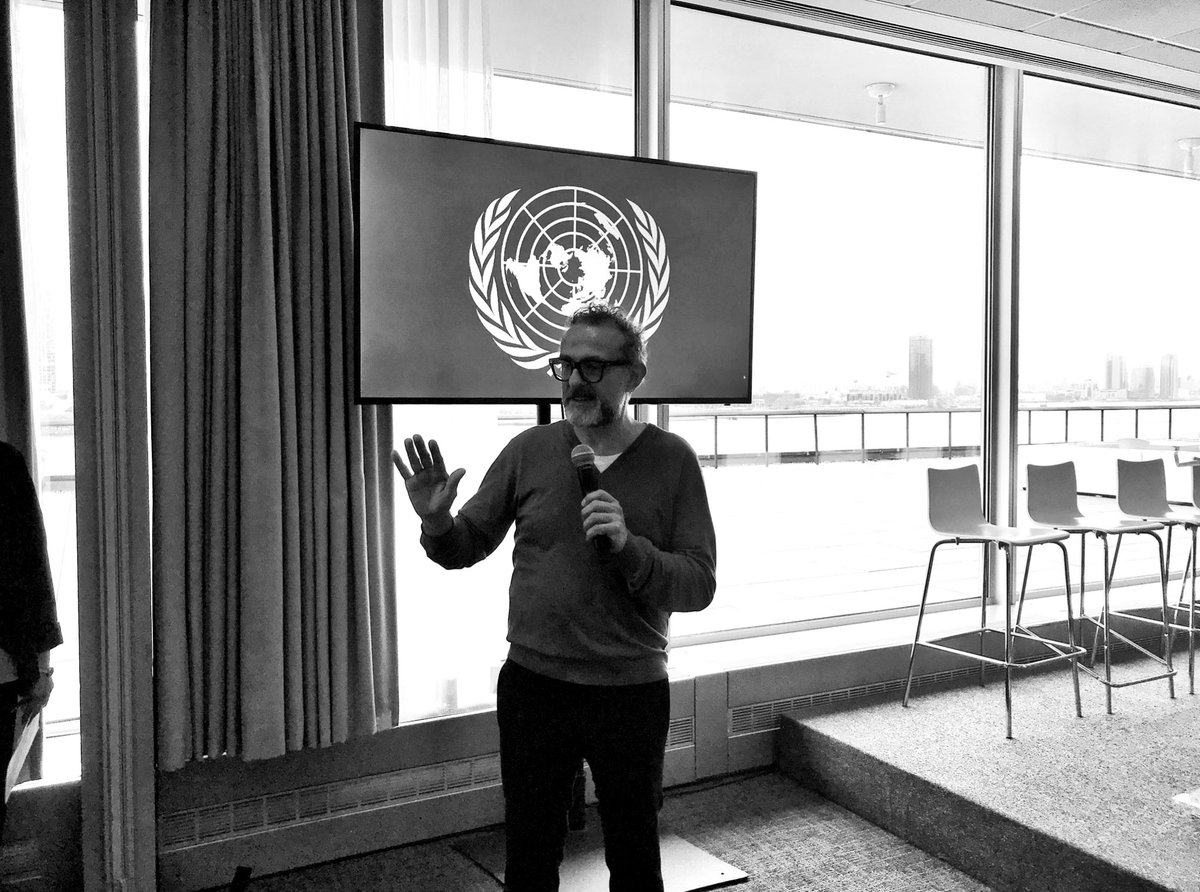 UNEP's tweet photo. “We waste 1.3 billion tonnes of food every year. This is not acceptable. We, as chefs, must set an example.” Thank you @massimobottura for joining us today to talk about fixing #foodwaste and for inspiring the world to seek solutions! https://t.co/CzYUl3WNCc