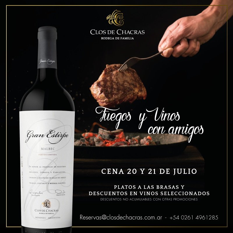💥#DíadelAmigo ¡FUEGOS Y VINOS CON AMIGOS!
🗓️El 20 y 21 de julio por la noche te esperamos con deliciosos platos a las brasas y descuentos en vinos seleccionados. 🍷
Reservá al +54 0261 4961285 / Reservas@closdechacras.com.ar
🌛 También  visitas nocturnas por la antigua bodega