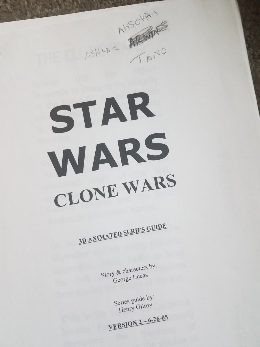 In honor of #CloneWars 10th, the title page for the series bible I wrote back in 05. When we met with George to discuss the bible he changed Anakin's Padawan from 'Ashla' to 'Ashoka', after the Indian Emperor of the Maurya Dynasty. I later tweaked it to Ahsoka to make her unique.