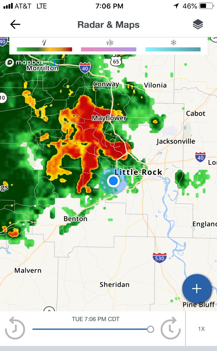 ReeseCRowland's tweet photo. You know it’s a bad storm when it looks like a Sasquatch about to stomp on Little Rock. https://t.co/JqrLDgBkk2