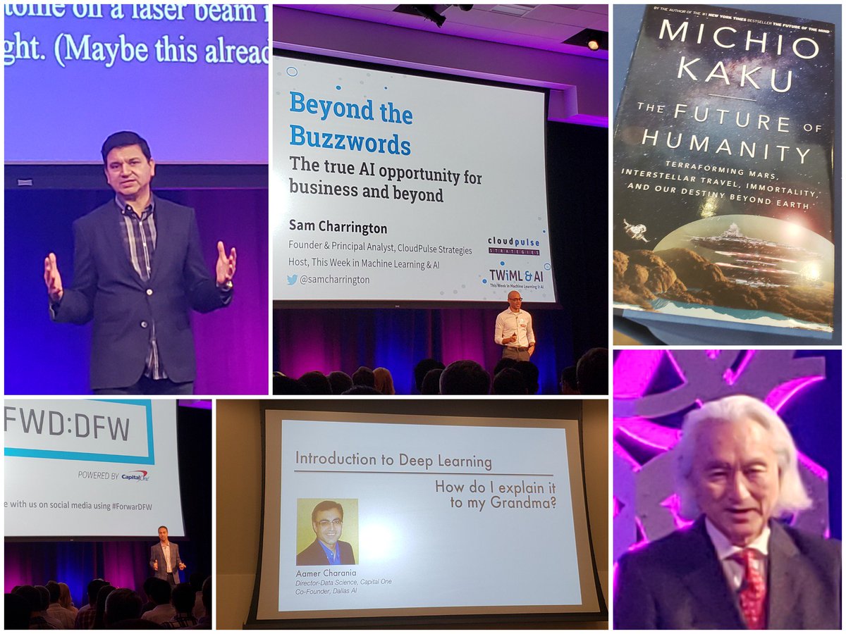 pradhanyash95's tweet photo. Had a great time attending #ForwarDFW conference on #ArtificialIntelligence and #MachineLearning, wonderful talks by @ArjunDugal, @samcharrington, @sanjiv_yajnik, @michiokaku, honoured to meet you Dr @michiokaku and receive the autographed copy of the Future of Humanity :) https://t.co/zuoq3LHkHu