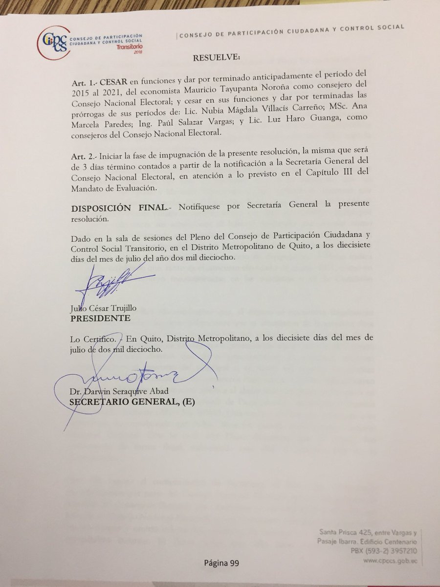 JCTrujilloCPCCS's tweet photo. En sesión de Pleno No. 17, el CPCCS-Transitorio resolvió cesar a los vocales del CNE #EvaluaciónDeAutoridades https://t.co/rkxcPklMsk