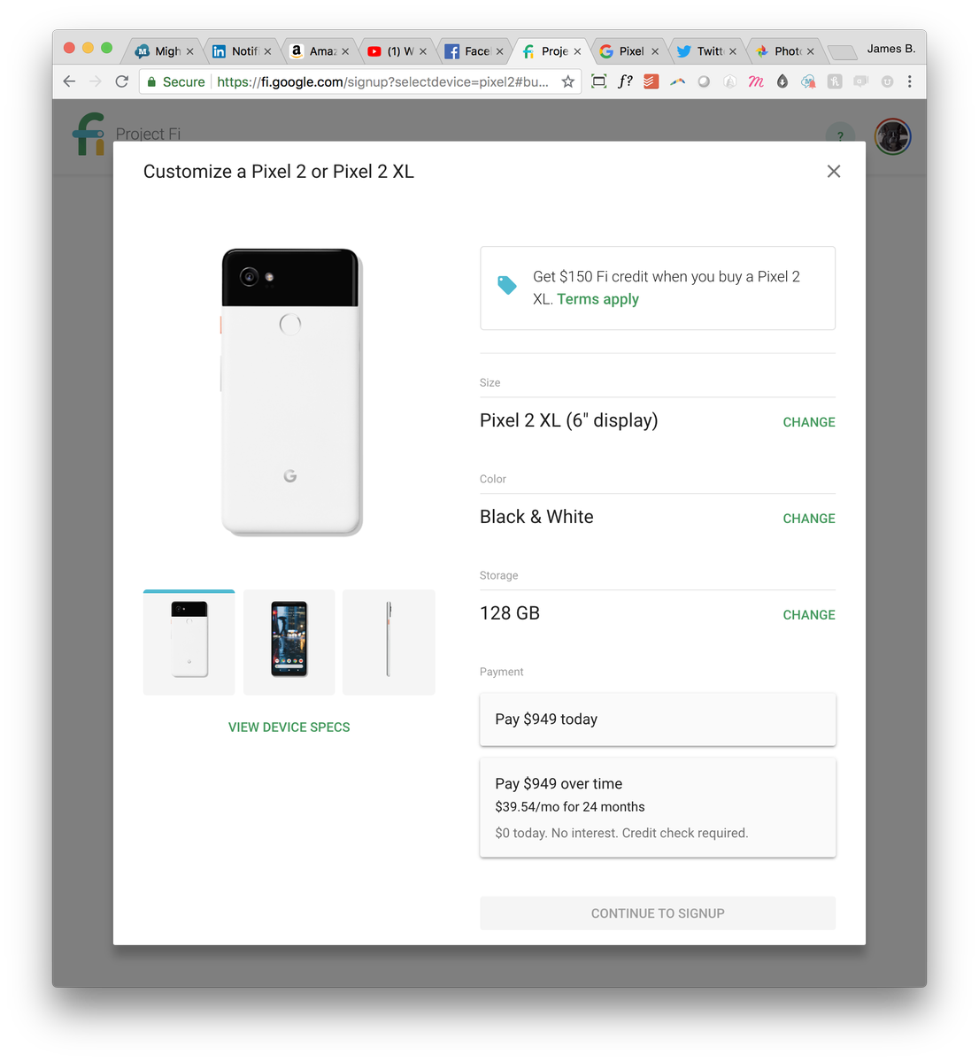 prekerser's tweet photo. Looking to switch to @Google @projectfi and I'm seeing two different prices for the same EXACT phone. Strange. Weirdest part? It's more expensive if you join their service! https://t.co/qoYkdWlwWU
