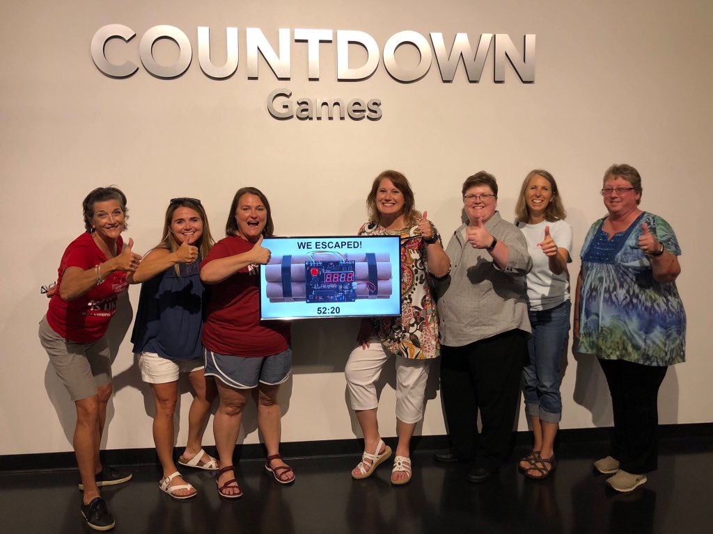 DrMelEngland's tweet photo. Escaped the Time Bomb with over seven minutes to spare. No stopping these @KASL_Librarians! #kaslsr18 @akmansfield @literacylibrary https://t.co/1VJlfudjsR