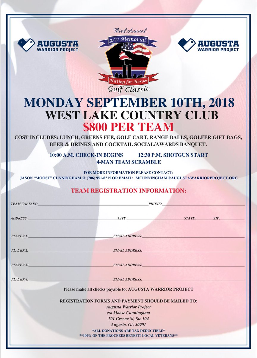 The Augusta Warrior Project’s 9/11 Memorial Golf Classic is fast approaching.  If you would like to reserve a spot for your team and/or hear about sponsorship opportunities, contact Moose at mcunningham@augustawarriorproject.org.  This will fill up quickly so don’t delay!