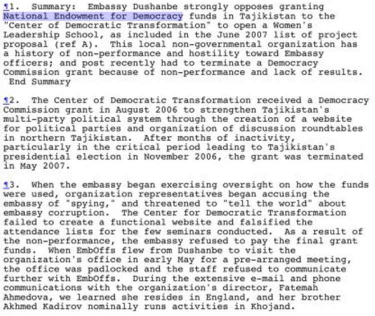 Cablegate was an excellent resource for discovering how NED functions- here's an American embassy calling for discontinuing funds after they weren't able to control how they were used, and another talking about NED fellow's involvement in a protest in Vietnam