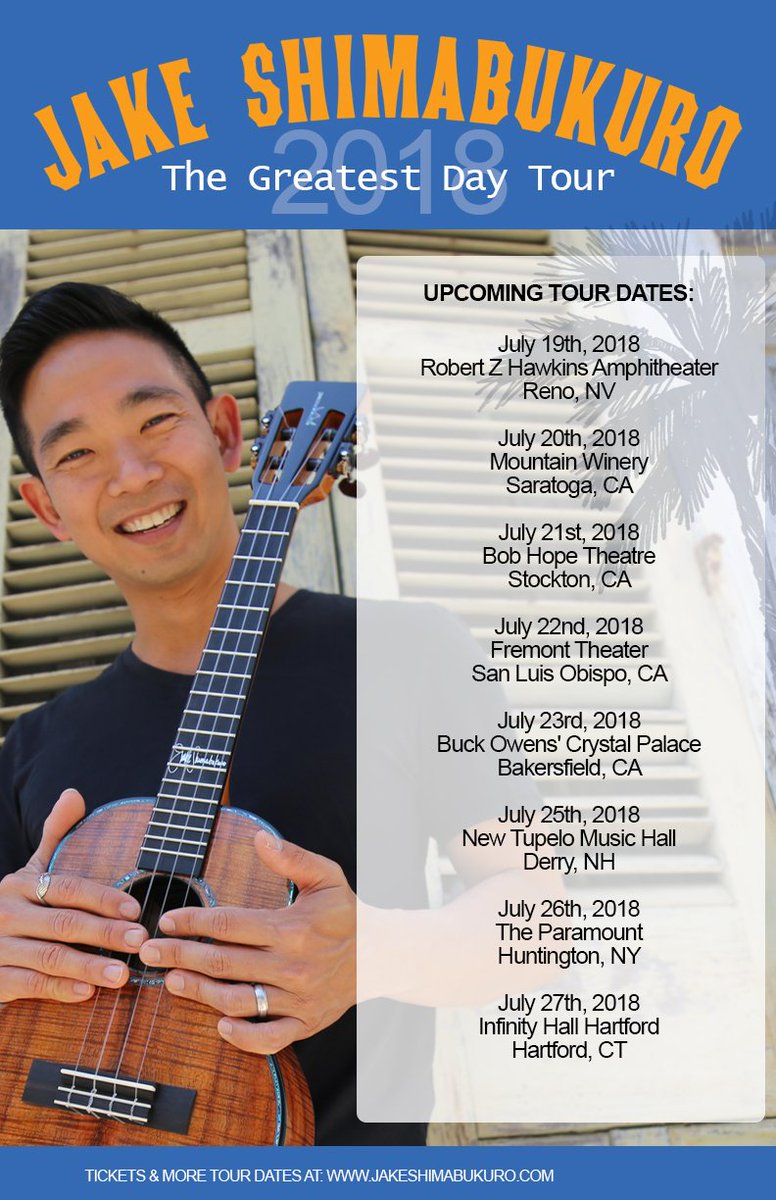 JakeShimabukuro's tweet photo. Upcoming @JakeShimabukuro Tour Dates!
Get additional tour dates and ticket information here:
https://t.co/A6r6SwTxt0
Pre-Order 'The Greatest' day - releases 8.31.18.
Click here: https://t.co/h3AaH4Mcbc
#thegreatestday #jakeshimabukurotour2018 #ukule https://t.co/QZfWHrHbQI