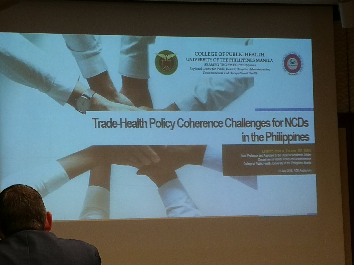jrong13's tweet photo. Now ongoing: Trade-Health Policy Coherence for NCDs in Philippines by Dr. Emerito Jose Faraon (@doc_emer) of @CPH_UPM in @UPManilaOnline. Here at @ADBHealth Innovations and Actions Against NCD. #supportIAAN #IAAN @Teddybird https://t.co/T8Bvf10bec