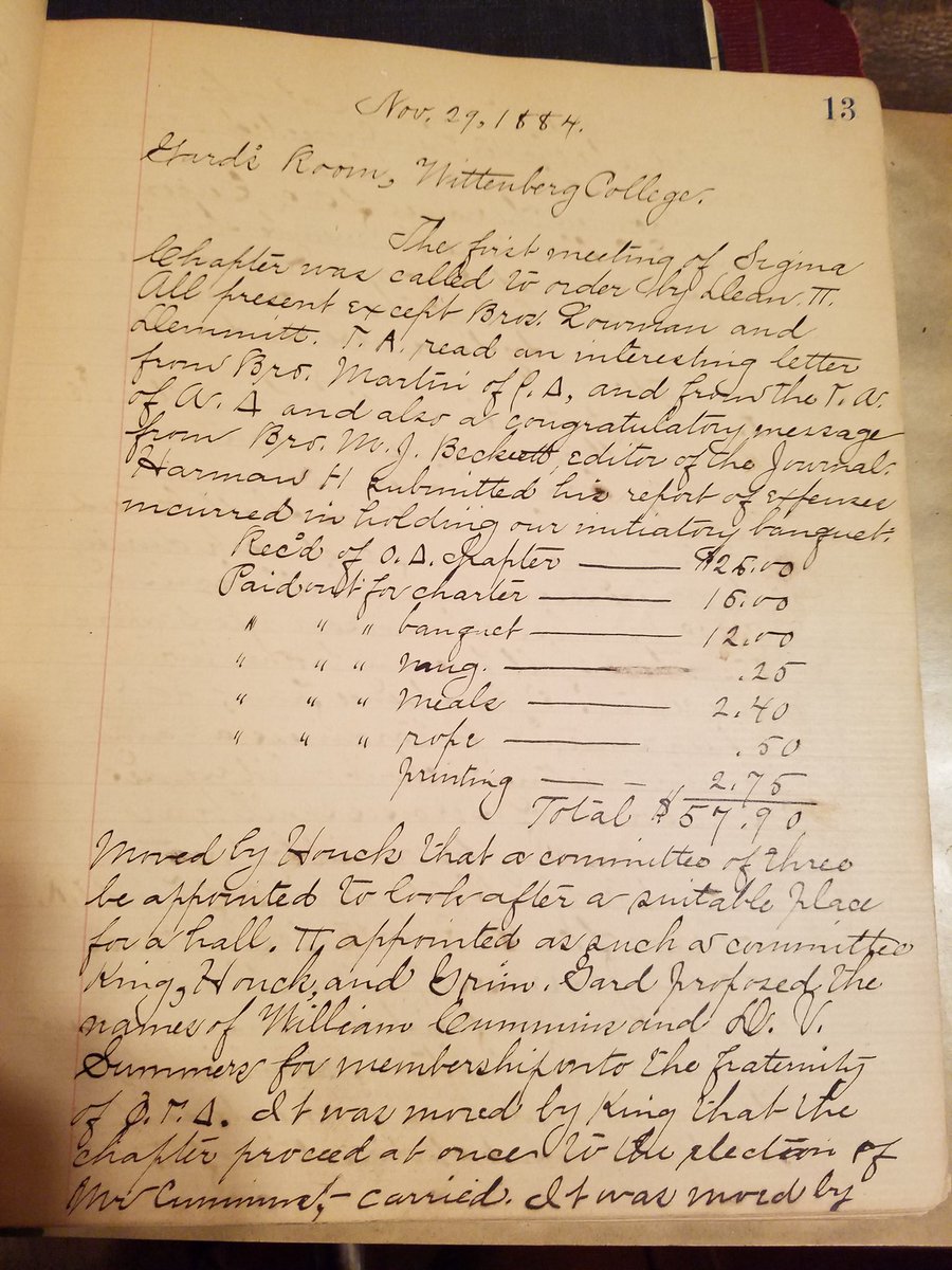While moving over artifacts from the current <a href="/WittFiji/">Wittenberg Fiji</a> chapter house to our new one, we found sets of minutes books from the earliest days of our Sigma Chapter. See photo for minutes of the VERY FIRST chapter meeting on November 29, 1884. Fascinating! <a href="/PhiGamHQ/">The International Headquarters of Phi Gamma Delta</a>