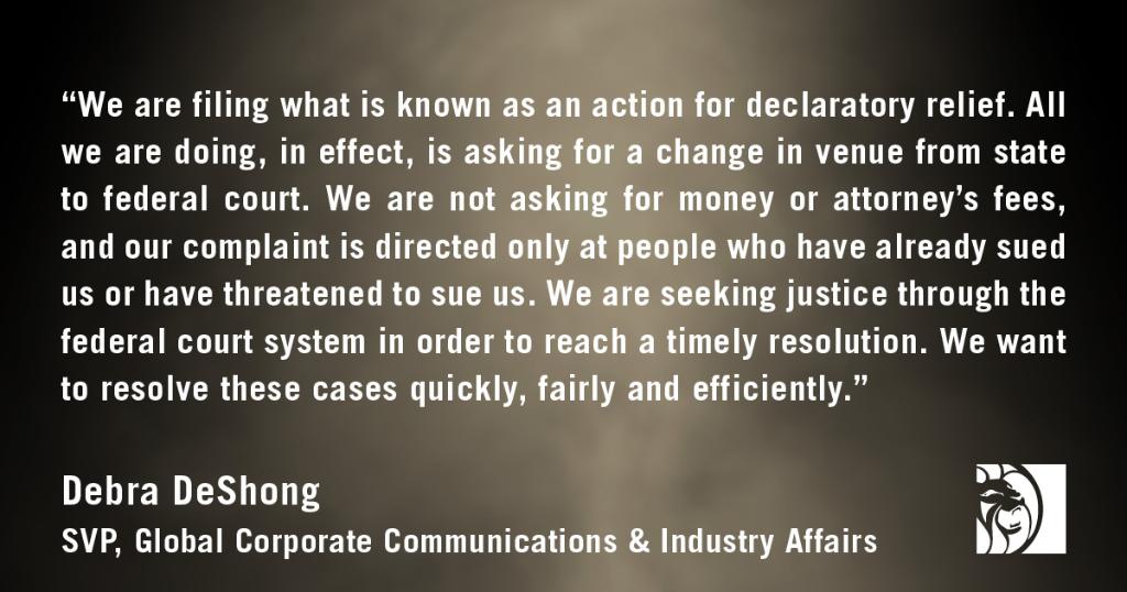 We have filed what is known as an action for declaratory relief. All we are doing, in effect, is asking for a change in venue from state to federal court. We are not asking for money or attorney’s fees. We only want to resolve these cases quickly, fairly and efficiently.