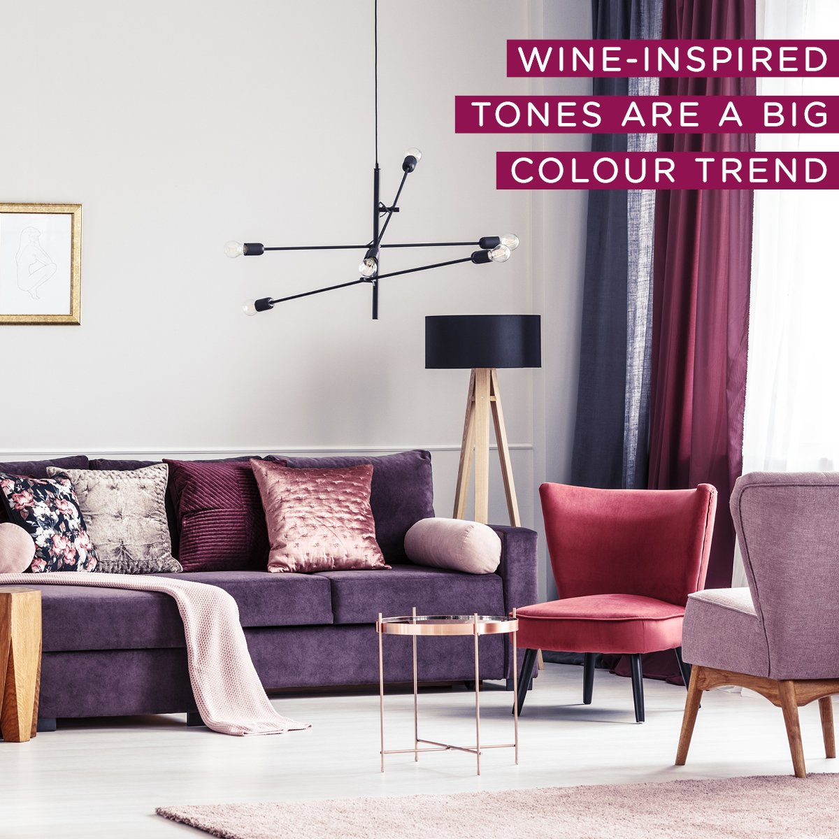 InteriorBCID's tweet photo. Moving on from blushed hues, #wine-inspired tones are the next big #trend in the pink/red family. These colours incorporate a dash of #purple to add a touch of sophistication. Get inspired by anything from a peachy pink Rosé to a deep ruby Merlot. #interiordesign https://t.co/Jnoz4ixJtj