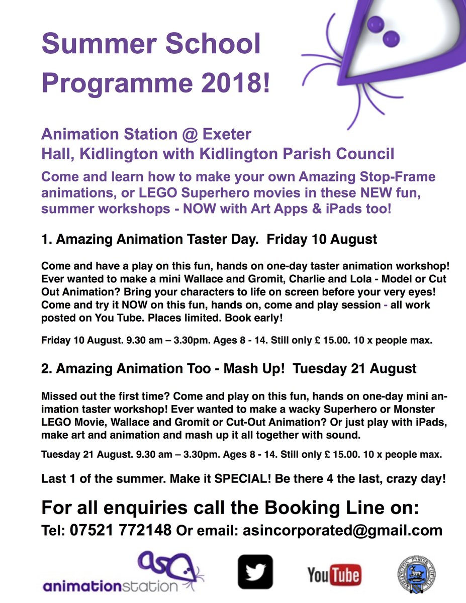 New mini summer programme for children at Exeter Hall, Kidlington with <a href="/Ani_Station/">Animation Station</a>. Get animated NOW! Mail: asincorporated@gmail.com