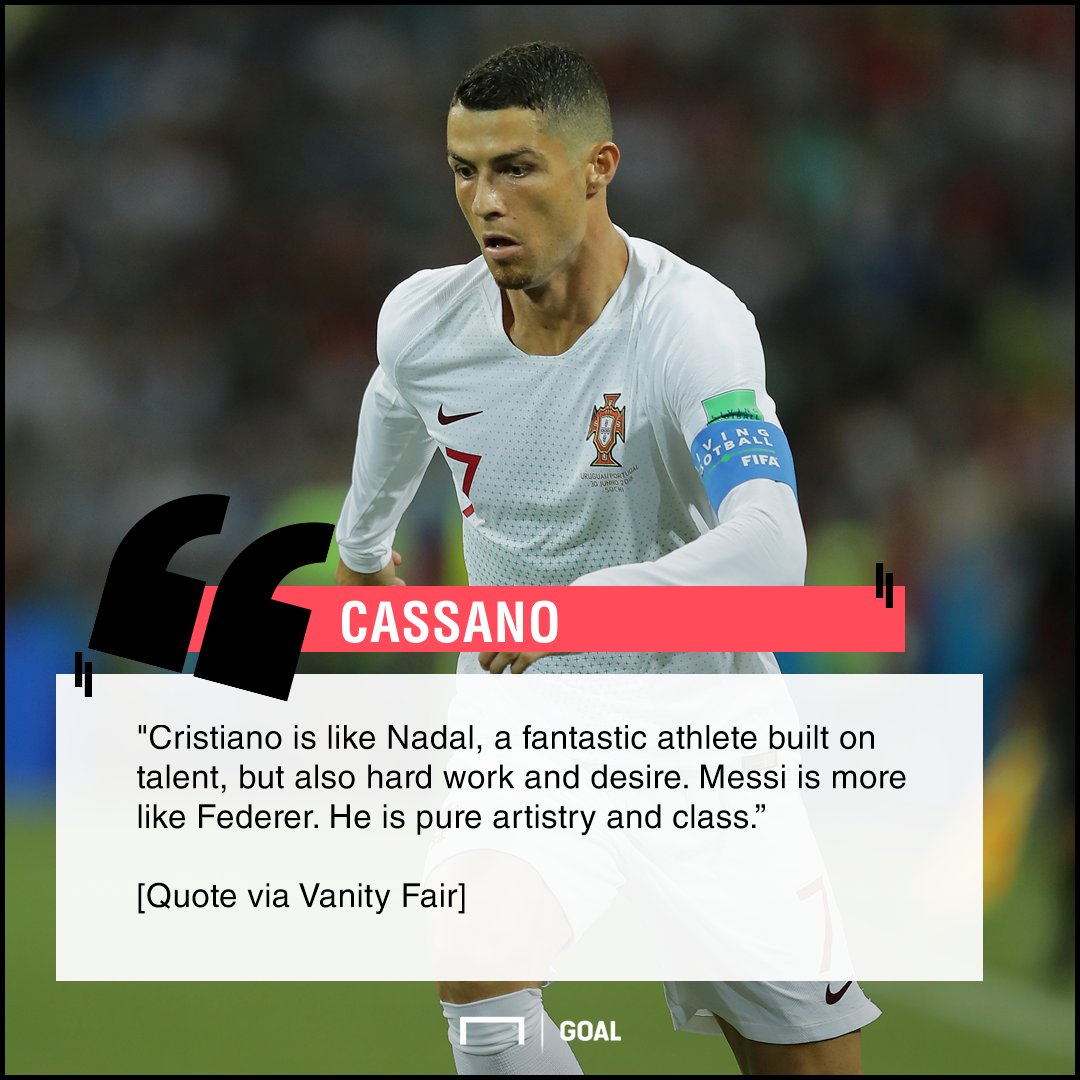 goal's tweet photo. Former Real Madrid man Antonio Cassano has compared Cristiano Ronaldo and Lionel Messi to Rafael Nadal and Roger Federer. ⚽️🎾 https://t.co/tkZm6q4uks